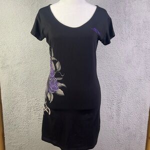 Ed Hardy T-Shirt Dress Women XL Black Cross Flower Crown Tattoo Y2K Short Sleeve